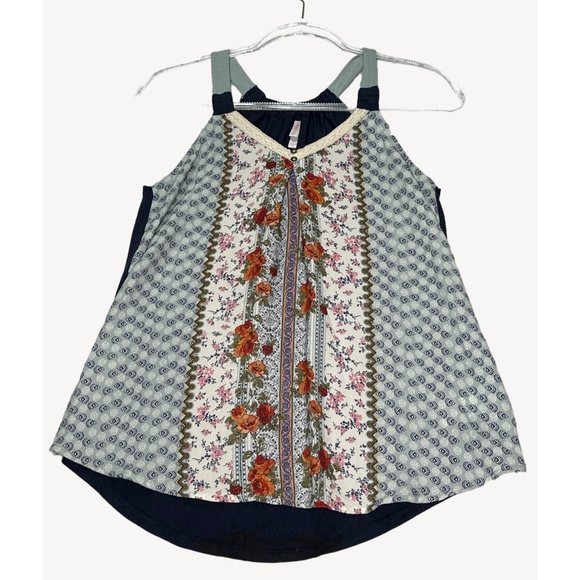 Xhilaration Tank Top Womens XS Flowers Flowy Polyester Blend Blue Red Solid Back - Picture 1 of 10